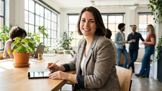 A cheerful professional woman sits at a spacious wooden table in a bright, contemporary office environment, actively holding a digital stylus and working on a tablet. She smiles genuinely, looking dir