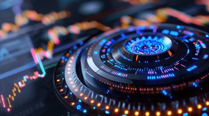 Futuristic Data Visualization Interface with Circular Elements and Colorful Chart Patterns for Technology Themes