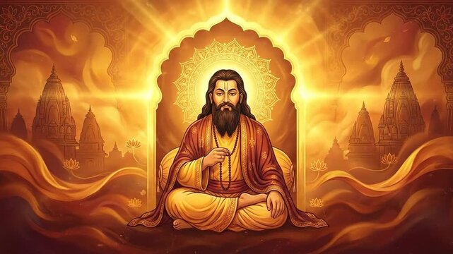 Stylized golden illustration of guru ravidas meditating, radiating divine light for ravidas jayanti celebration.