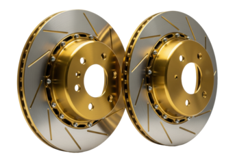 Two hyper-detailed, gold anodized, cross-drilled performance brake rotors isolated on a brilliant white background with sharp rim lighting, emphasizing mechanical engineering excellence