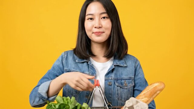A cheerful young Asian woman with a radiant smile stands confidently against a vivid yellow background, holding a metal shopping basket brimming with fresh, wholesome groceries. The basket contains an