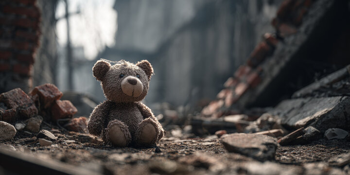 Small brown teddy bear with soft, plush textured fur sitting alone amidst debris of broken bricks and rubble in a desolate, abandoned area