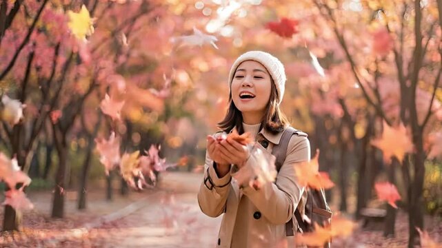 A cheerful young person, dressed warmly in a beanie and trench coat, enjoys a beautiful autumn day, playfully blowing a handful of vibrant red and orange leaves into the air. The scene unfolds on a pi
