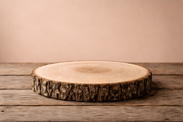 Natural wood slice on rustic wooden table background