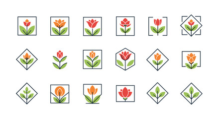Set of stylized floral and plant logos enclosed in geometric frames such as squares, diamonds, and hexagons for elegant branding.