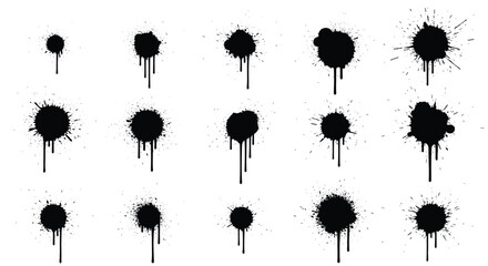 Collection of realistic black ink splatters and liquid drips of varying sizes for artistic textures and grunge design effects.