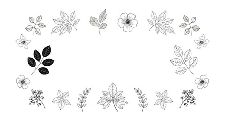 Hand-drawn charcoal style border frame made of various leaves and small delicate flowers for an organic and rustic aesthetic.