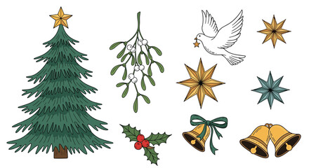 Traditional Christmas illustration set including a decorated pine tree, mistletoe, bells, a dove, and festive gold stars.
