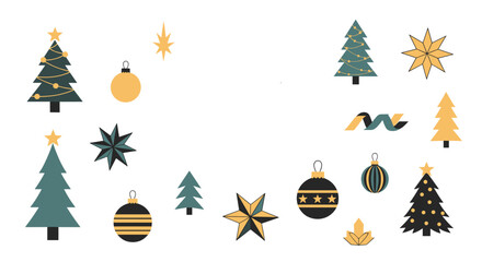 Festive holiday collection featuring stylized Christmas trees, ornaments, stars, and decorative ribbons in a sophisticated color palette.