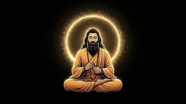 The revered guru ravidas meditating in a golden digital illustration, wearing ochre robes against a serene black background.