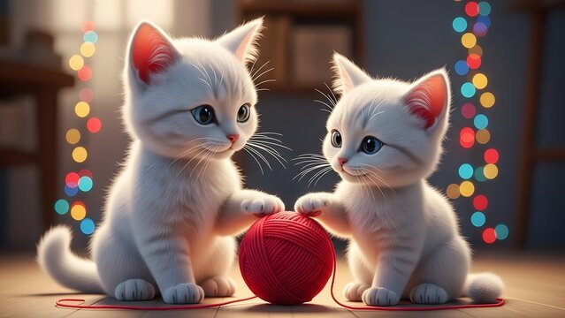 Two cute white kittens playing with a red ball of yarn. Domestic pet and animal friendship concept. Fluffy small cats sitting on a wooden floor with festive bokeh lights