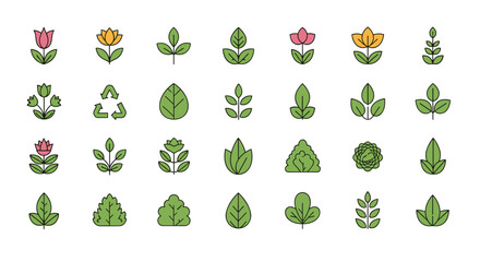 Assorted set of colorful botanical icons including leaves, flowers, and environmental symbols like recycling for eco-friendly design.