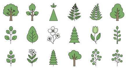 Variety of stylized green tree and botanical illustrations including leaves, flowers, and pine trees for environmental themes.