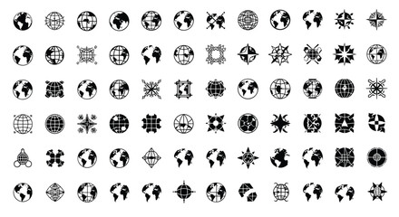 Expansive collection of black globe icons and map symbols decorated with ornate frames, compasses, and various graphic motifs.
