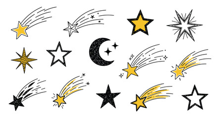 Whimsical hand-drawn celestial collection featuring comets, stars, and a crescent moon with playful yellow and black sketchy textures.