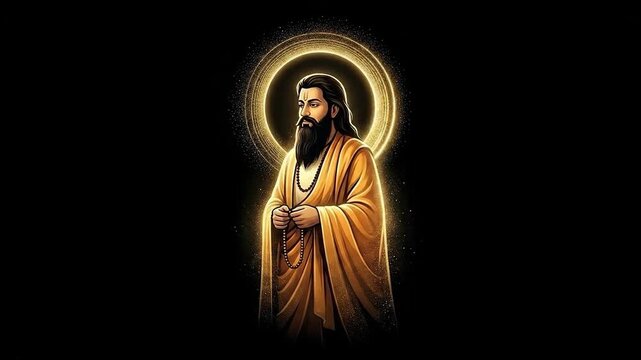 Golden stylized digital portrait of guru ravidas standing devoutly in saffron robes with a halo against a dark background.
