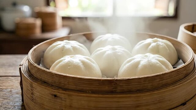A close-up shot captures several fluffy, white steamed buns nestled warmly inside a traditional bamboo steamer, releasing gentle wisps of steam into the air. The soft, doughy texture and inviting warm