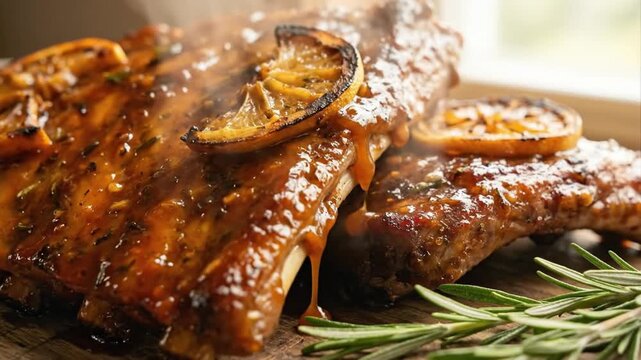 A close-up shot captures succulent, golden-brown ribs steaming enticingly, generously basted with a rich, glossy sauce. Garnished with caramelized citrus slices and fresh rosemary sprigs, a stream of 