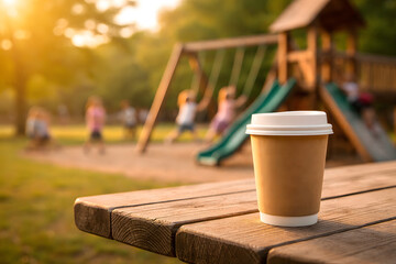 Coffee cup on bench at playground