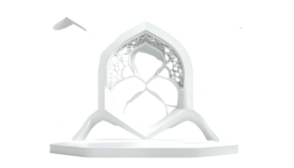 A white, stylized architectural window with a delicate, ornate design on a pedestal