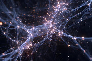Abstract network of glowing particles and lines in dark space illustrating modern technology connections