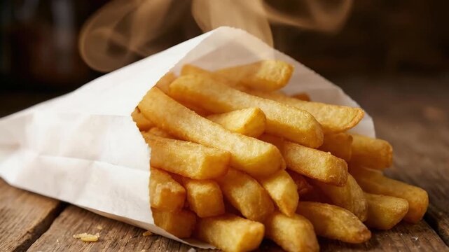 A close-up shot of freshly cooked, golden-brown thick-cut potato fries overflowing from a classic white paper bag. Steam subtly rises from the hot, crispy texture of the individually salted chips, res