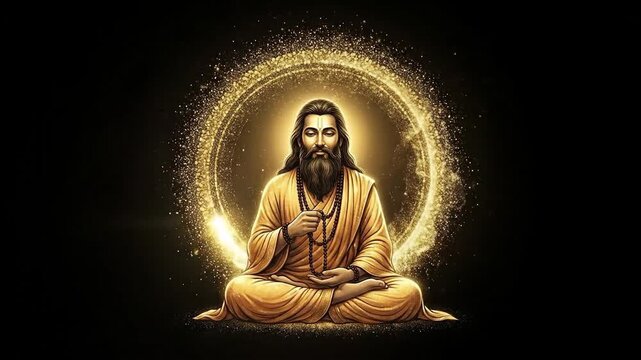 Guru ravidas meditating peacefully, illuminated by a glowing golden halo in a spiritual digital illustration celebrating ravidas jayanti.
