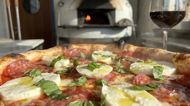 A close-up view reveals a mouth-watering artisanal pizza, freshly prepared with a perfectly charred crust, topped with vibrant tomato sauce, savory cured meats, creamy fresh cheese, aromatic basil lea