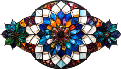 Elaborate, colorful stained glass floral design with ornate details