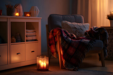 Naklejka premium Cozy reading nook at home with comfortable chair, soft blanket, and warm lighting in the evening