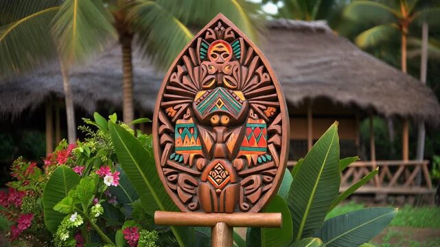Exotic Tiki Carving in a Lush Tropical Setting, Perfect for Travel and Culture Content