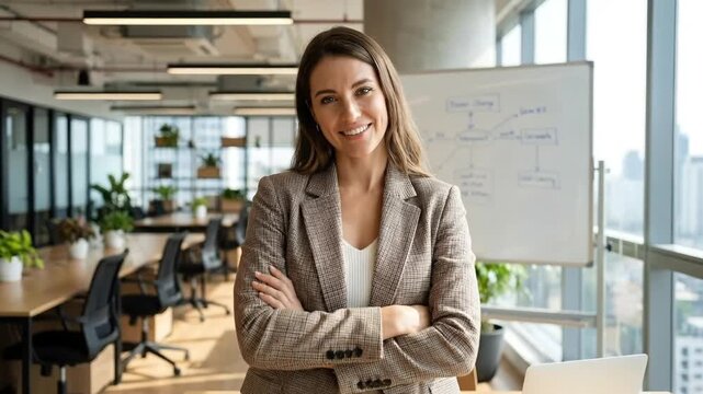 A confident and smiling young professional woman stands with her arms crossed, looking directly at the camera in a bright, modern open-plan office environment. She wears a smart, patterned blazer, exu