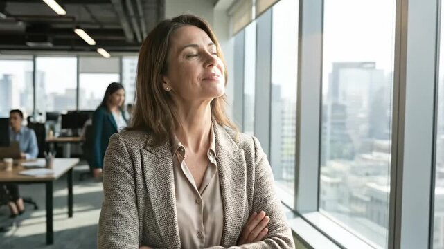 A confident and successful professional woman stands pensively by a large, sunlit window in a modern corporate office, gazing out at the blurred urban cityscape. Dressed in sophisticated business atti