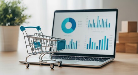Shopping cart with laptop showing business charts. Ecommerce, digital marketing online courses, business school training on screen. Data analytics, financial report