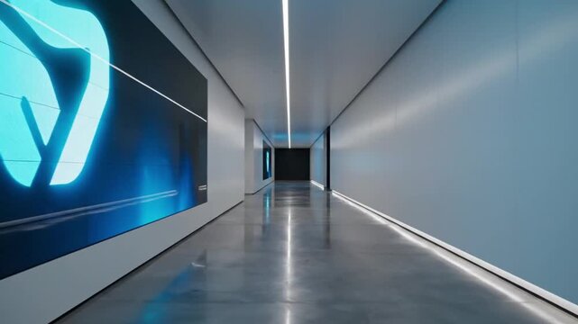 Long, sleek corridor with glowing blue logo on wall, polished floor, and minimalist design, leading to a dark doorway.