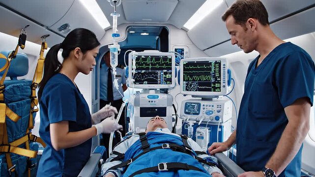 Critical Care in Flight: Medical Team Monitoring Patient During Air Ambulance Transport