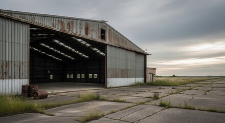 Dilapidated metallic hangar stands open alongside a cracked concrete expanse under an overcast sky.