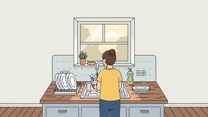 Person washing dishes at kitchen sink with window and plants in background domestic daily chore cleaning home interior scene