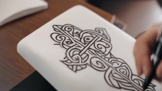 Drawing Celtic cross with black marker on a white surface close up video