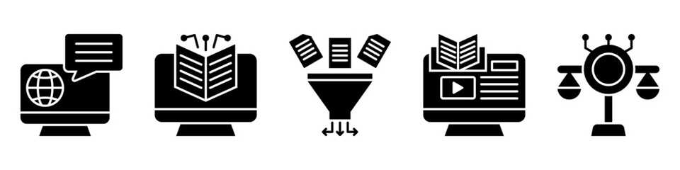 digital service icon set collection, for online education concept with icons online service, digital literacy, filtering data, digital learning, digital ethics. simple vector glyph illustration