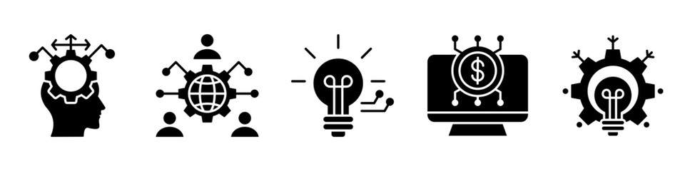 thinking process icon set collection, for decision concept with icons critical thinking, digital culture, knowledge, digital transaction, problem solving. simple vector glyph illustration