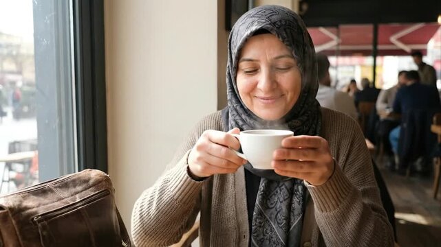 A content woman wearing a modest head covering and a cozy cardigan smiles warmly at the camera while holding a cup of hot beverage in a relaxed cafe setting. The scene evokes feelings of comfort, leis