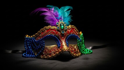A decorative masquerade mask with feathers and beads rests on a dark surface