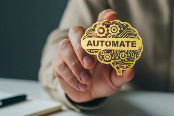 Ai automation concept no code workflow idea mind hand gear technology brain icon design gold creative digital future innovation