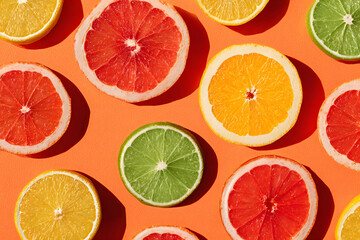 Obraz premium Colorful citrus fruits arranged on a bright yellow background for a vibrant summer display