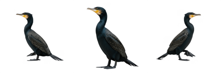 Set of three Great Cormorants (Phalacrocorax carbo) in different standing and walking poses isolated on white background