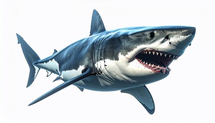 A realistic, imposing white shark with open jaws, isolated on a white background
