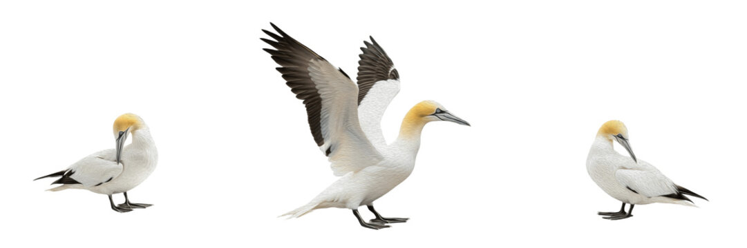 Set of three Northern Gannets (Morus bassanus) with yellow heads in standing and wings spread poses isolated on white background