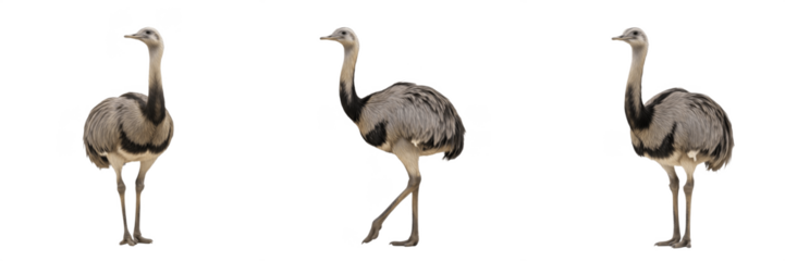 Set of three Greater Rhea (Rhea americana) birds in walking and standing poses isolated on white background