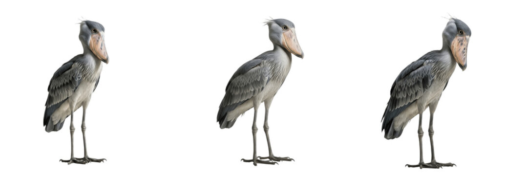 Set of three Shoebill Storks (Balaeniceps rex) in different standing and looking poses isolated on white background